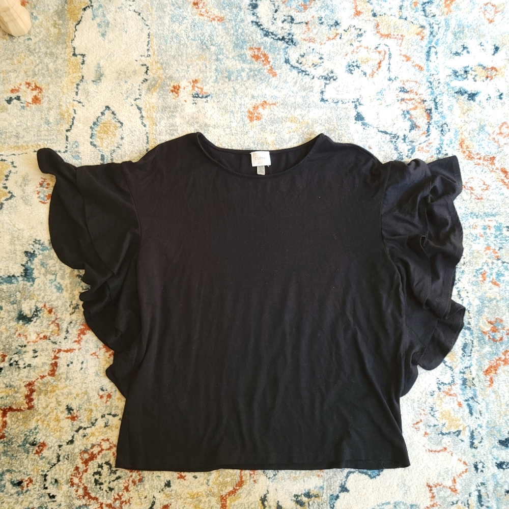 Shirred sleeve black top
